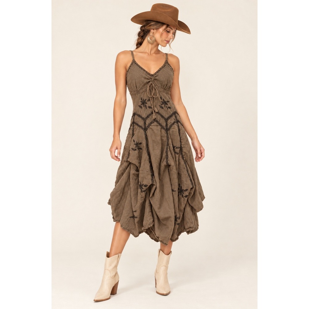 Scully Embroidered Western Midi Dress XL Brown Boho Sleeveless Runs small